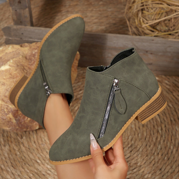 Women's Short Ankle Boots with Side Zipper and Stacked Block Heel Mune Fashion