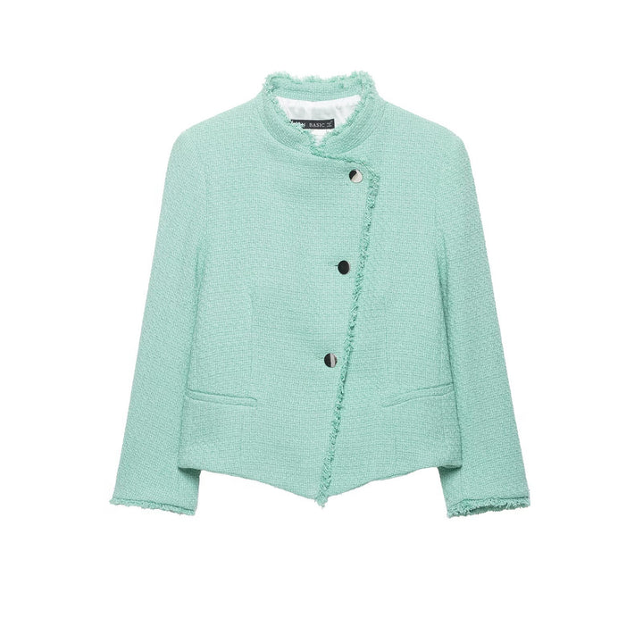 Women's short-cut bouclé tweed jacket with fringe trim and asymmetric button placket Drune