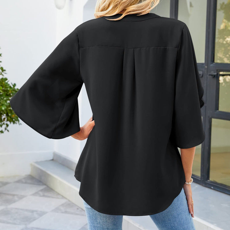 Women's Elegant Blouse with V-Neck and Flowing Ruffle Sleeves Mune Fashion