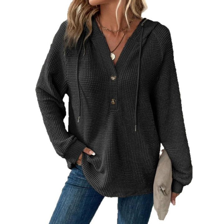 Women Waffle Knit Hoodie with Henley Button Placket and Oversized Cut Mune Fashion