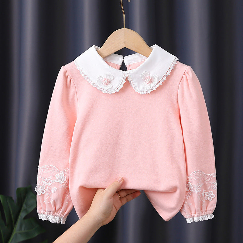 Girls' fashionable long-sleeve blouse with romantic collar and fine floral embroidery Mune Fashion