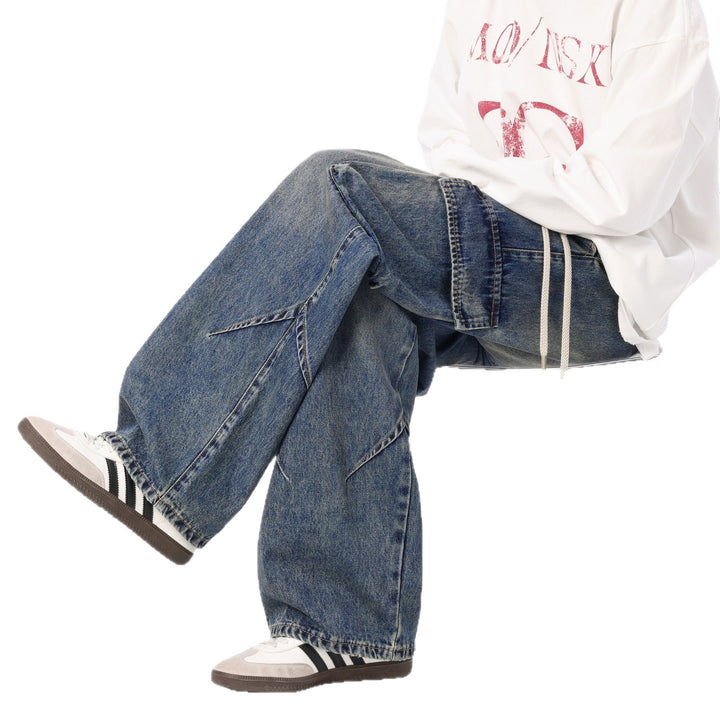 Men's Loose Cargo Denim Pants with Drawstring, Used Wash and Oversized Fit Mune Fashion