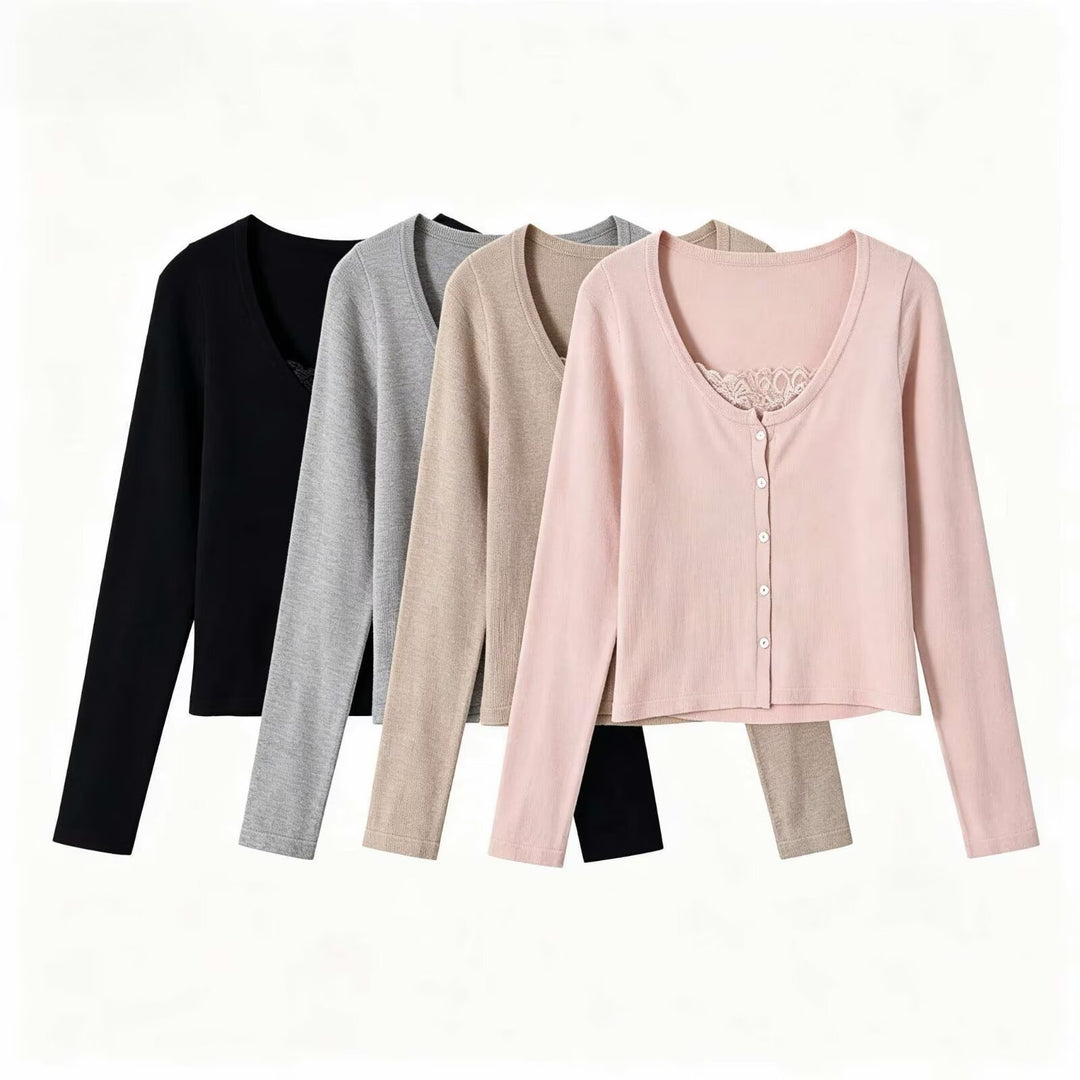Women's fine-knit cardigan with lace insert and continuous button placket Mune Fashion