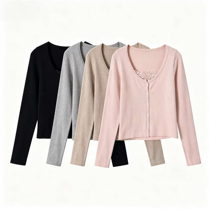 Women's fine-knit cardigan with lace insert and continuous button placket Mune Fashion