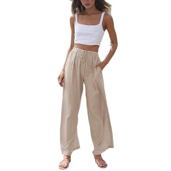Women's Loose Relaxed Trousers made of Linen Blend with Drawstring and Side Pockets Drune