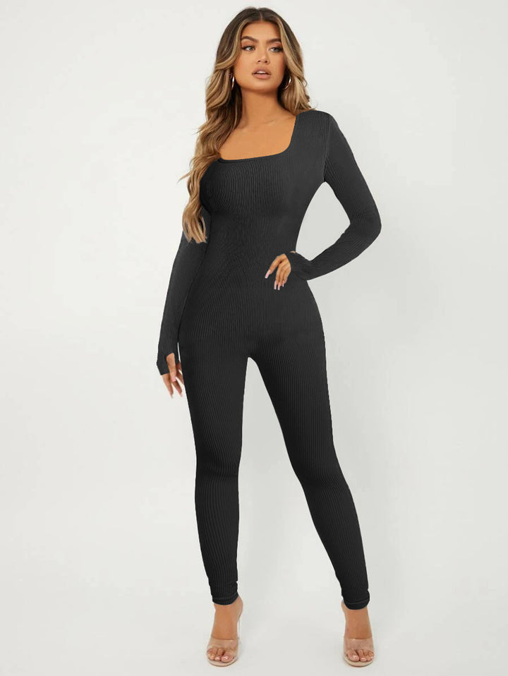 Women's Ribbed Skinny Jumpsuit with Square Neckline, Long Sleeves and Thumbhole Mune Fashion