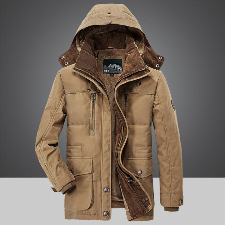 Men's Arctic-inspired field parka with corduroy inner collar, detachable hood, and multifunctional pockets.