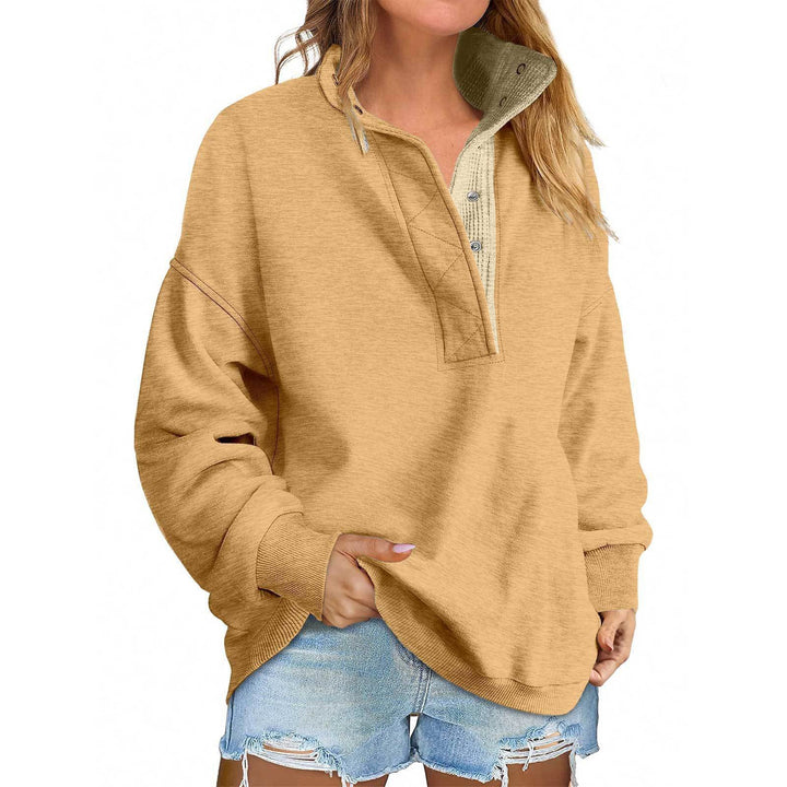 Women's Oversized Henley Sweatshirt with Stand-Up Collar and Snap Button Placket Mune Fashion