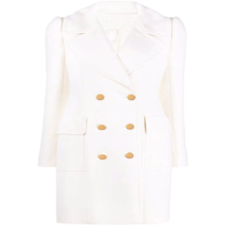 Women's Double-breasted Boxy Coat made of wool blend with wide lapels and gold decorative buttons Mune Fashion