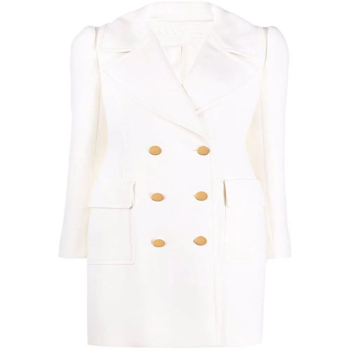 Women's Double-breasted Boxy Coat made of wool blend with wide lapels and gold decorative buttons Mune Fashion