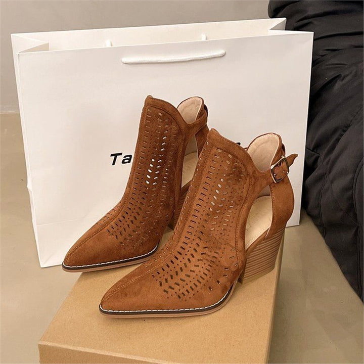 Women’s suede ankle boots with laser perforation, pointed toe shape and adjustable heel strap Mune Fashion