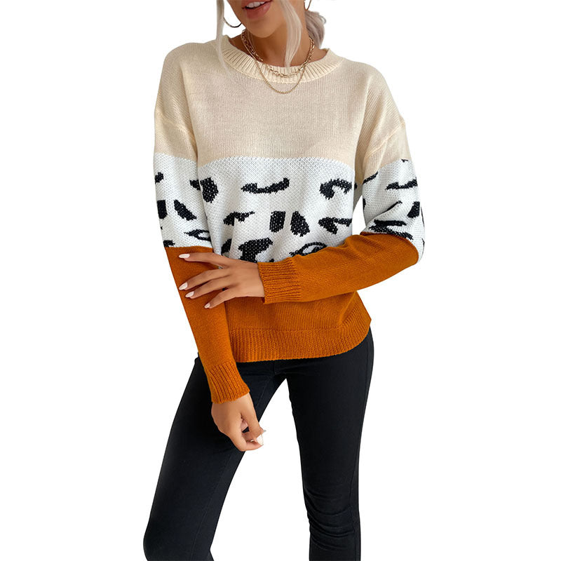 Women's Colorblock Knit Sweater with Leopard Pattern, Round Neck and Casual Fit Mune Fashion