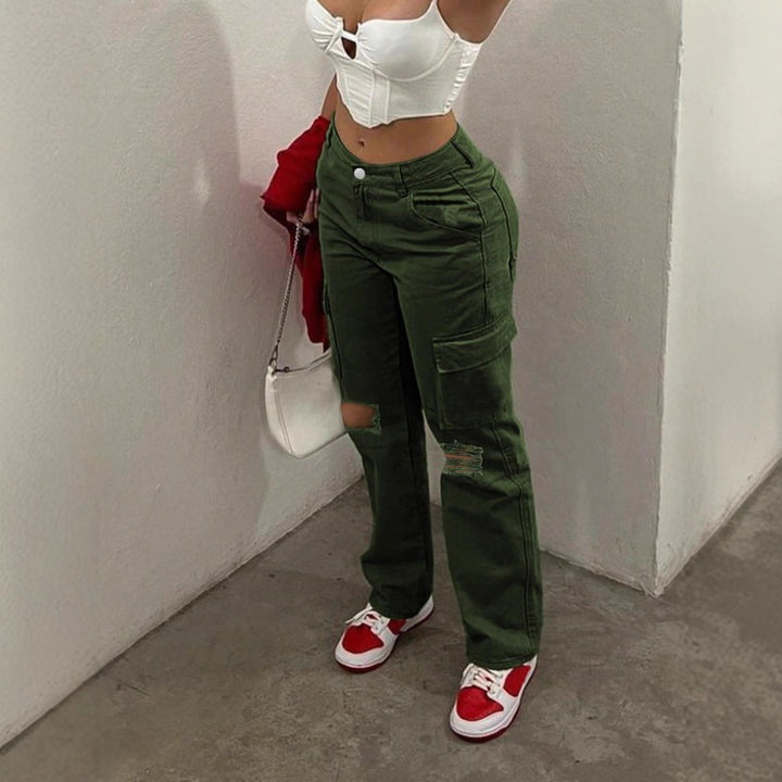 Women's cargo jeans with high waist, straight leg, knee rips, and patch cargo pockets Mune Fashion
