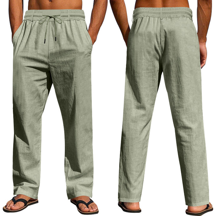 Men's lightweight cotton linen casual pants with drawstring straight cut Mune Fashion