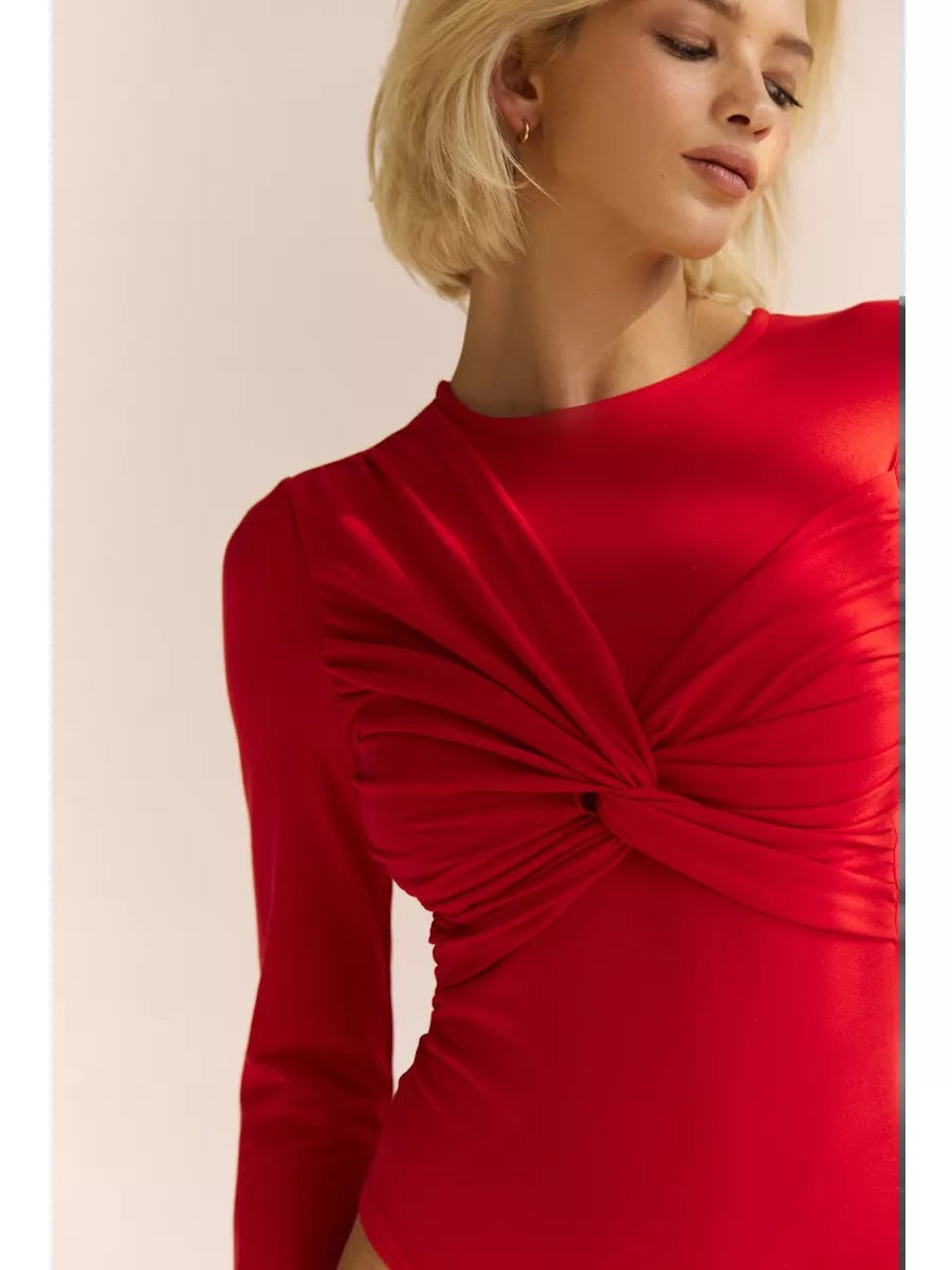 Ladies Figure-hugging Long-sleeve Bodysuit with Twist Detail and Round Neckline Mune Fashion