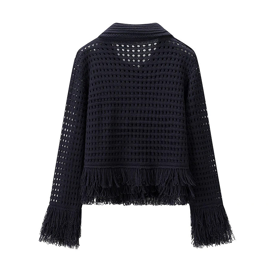 Women's crocheted openwork cardigan with fringe trim and boxy silhouette Mune Fashion