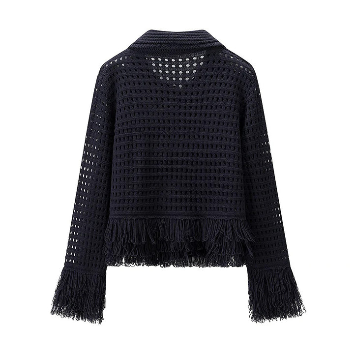 Women's crocheted openwork cardigan with fringe trim and boxy silhouette Mune Fashion