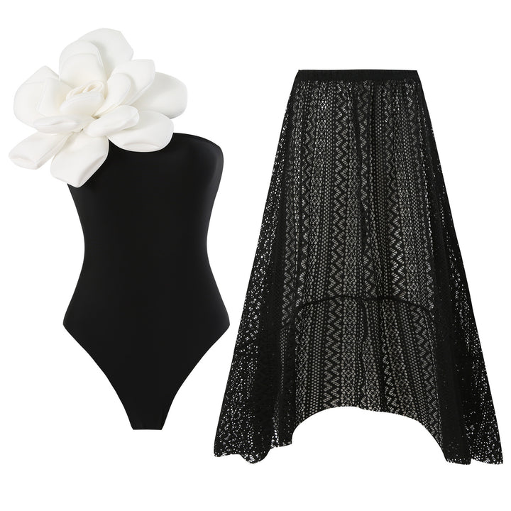 Ladies Elegant Swimsuit with Large Floral Detail and Transparent Overlay Mune Fashion