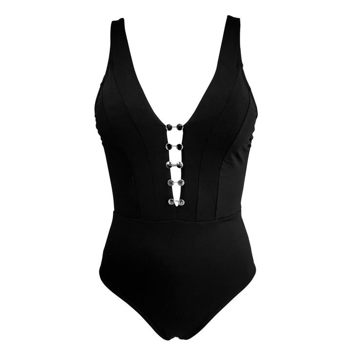 Women's One-Piece Swimsuit with Deep V-Neck and Stylish Buttons Mune Fashion