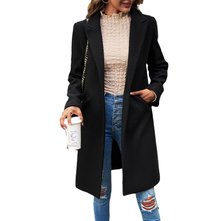 Women's longer tailored wool blend coat with lapel collar, concealed button placket and side pockets Mune Fashion