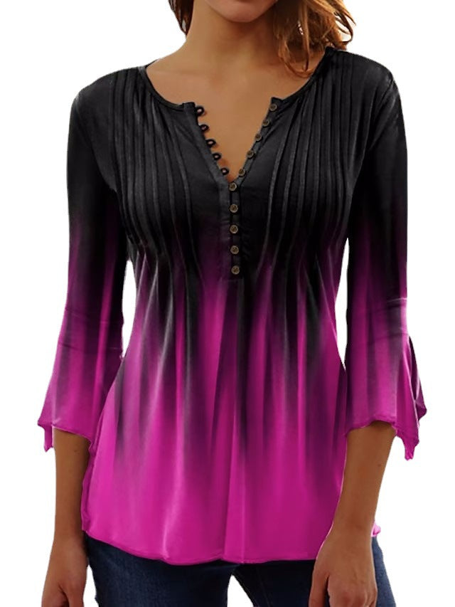 Women's airy tunic blouse with fine pleat yoke, half button placket, and three-quarter bell sleeves Mune Fashion