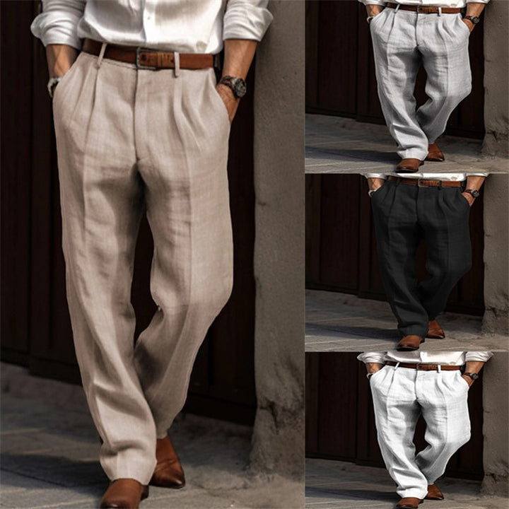 Men's pleated linen chinos with high waist, wide leg and classic side pocket cut Mune Fashion