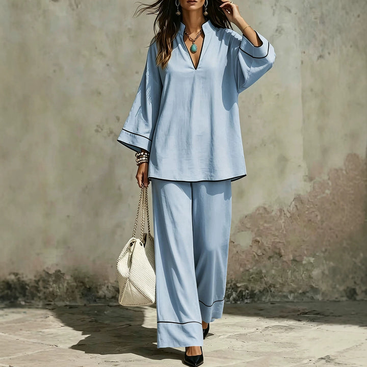 Women's Casual Two-Piece Linen Look Loungewear Set with Stand Collar, V-Neck and Wide Leg Cut Mune Fashion