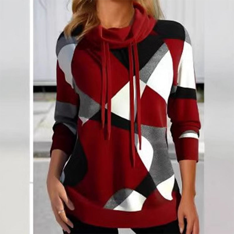 Women's Geometric Hooded Sweatshirt with Drawstring, Longline Cut and Side Pockets Mune Fashion