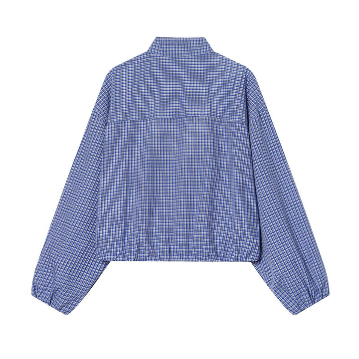 Ladies Checkered Short Shirt with Stand-Up Collar, Drawstring and Balloon Sleeves Mune Fashion