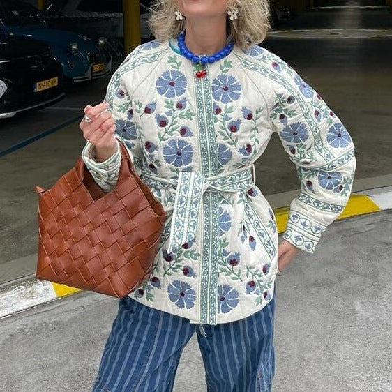 Women's cardigan with folk floral embroidery, button placket and loose fit Mune Fashion