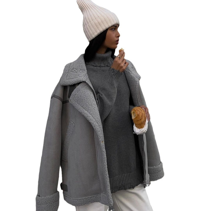 Women's Wide Cut Lambskin Imitation Flight Jacket with Faux Fur Lining Mune Fashion