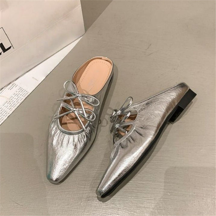Women's pointed metallic mules with gathered forefoot and decorative lacing Mune Fashion