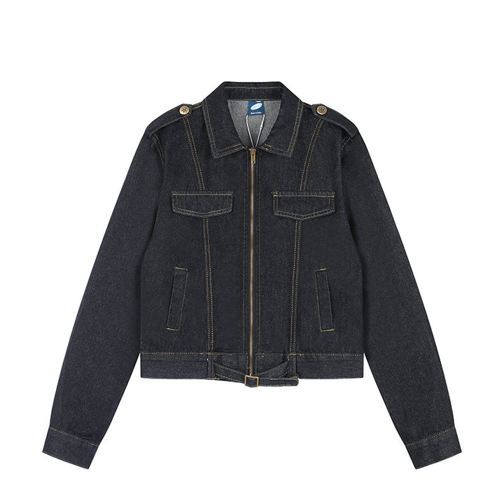 Women Short Cut Denim Jacket with Epaulettes, Zipper and Waist Belt Mune Fashion