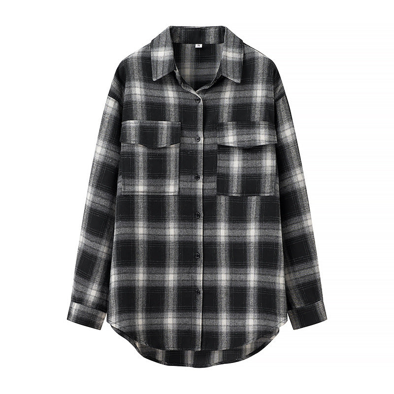 Women's Oversized Check Shirt Blouse with Patch Breast Pockets and Rounded Hem Mune Fashion