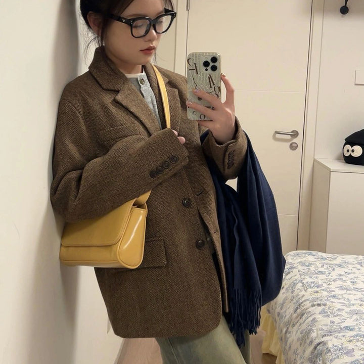 Women Oversize Tweed Blazer with Herringbone Structure Mune Fashion