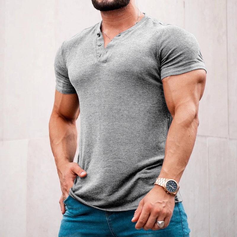 Men's muscle-fitting short-sleeve shirt with button placket and V-neck made of cotton stretch Mune Fashion
