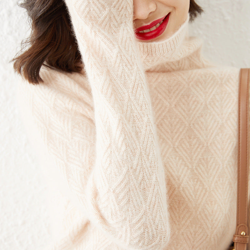 Ladies Luxurious Mohair-Mix Turtleneck Sweater with Diamond Pattern Mune Fashion Openwork Structure Mune Fashion