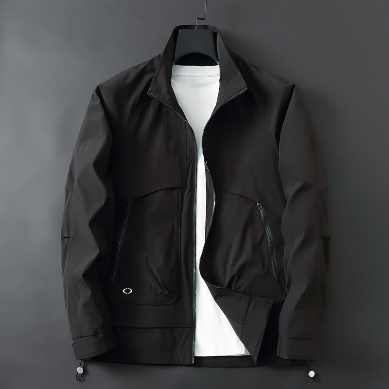 Men's lightweight technical transition jacket with stand-up collar, water-repellent ripstop look, and concealed zip pockets Mune Fashion