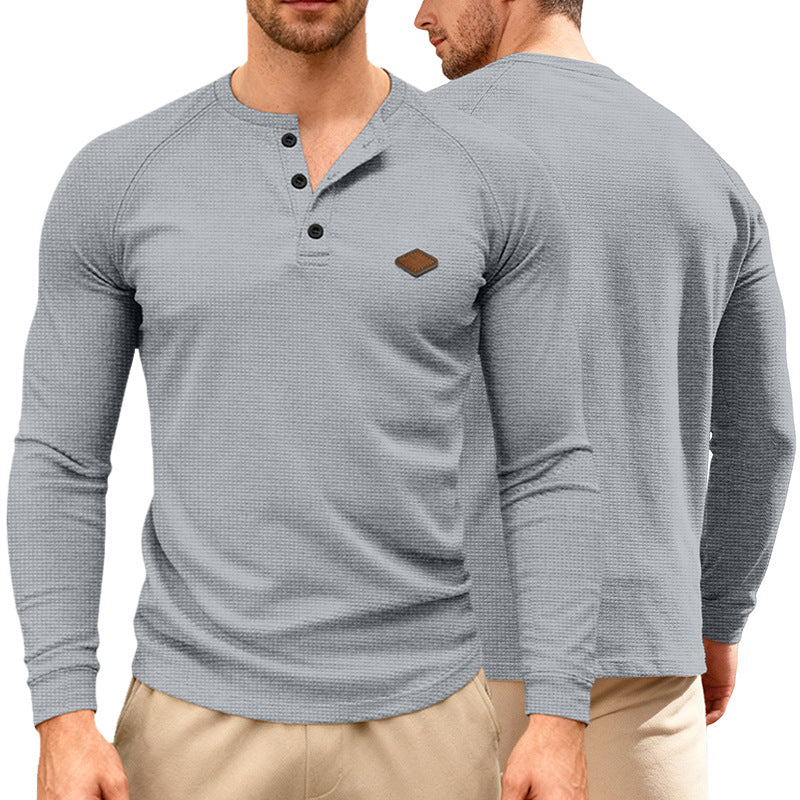 Men's Waffle Knit Henley Long Sleeve Shirt with Raglan Sleeves, Half Button Placket and Leather Label Mune Fashion