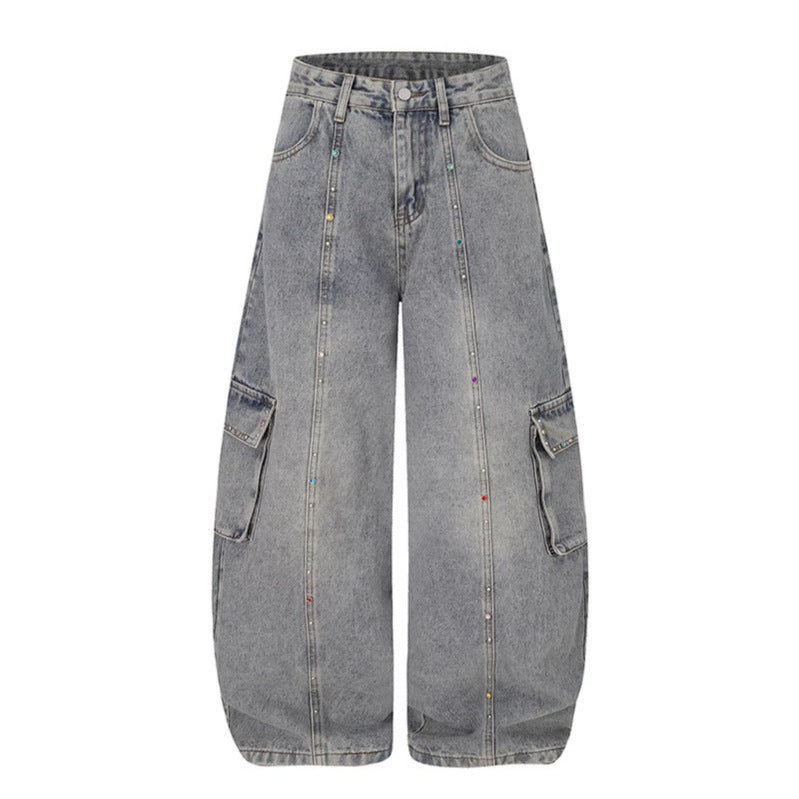 Women's Extra Wide Cargo Palazzo Jeans with High Waist, Patch Pockets, and Rhinestone Trim Mune Fashion