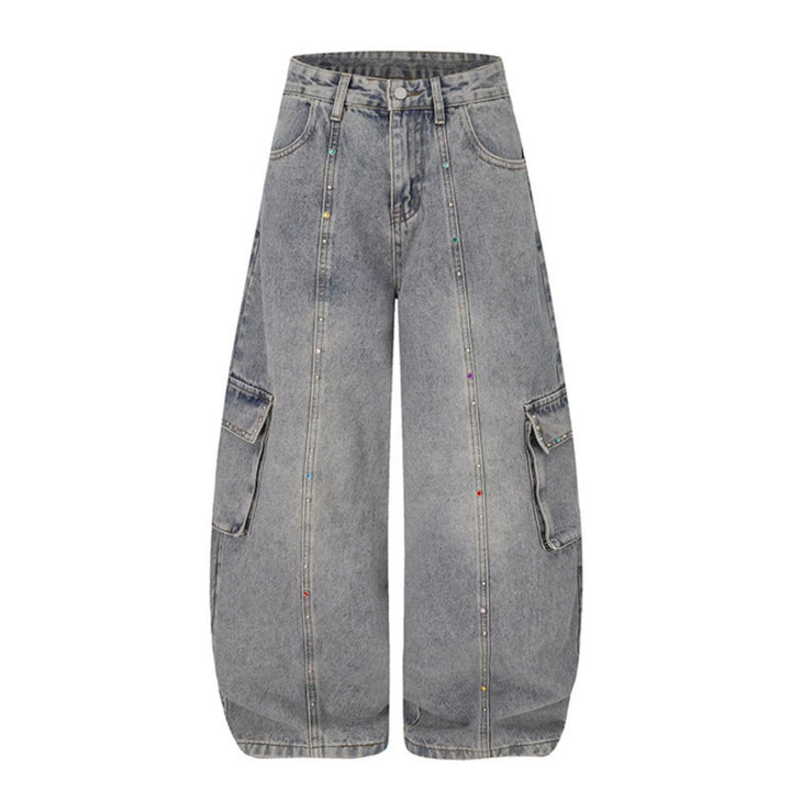 Women's Extra Wide Cargo Palazzo Jeans with High Waist, Patch Pockets, and Rhinestone Trim Mune Fashion