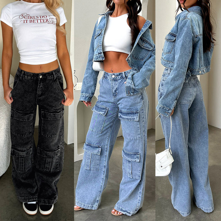 Women nan High-Waist Utility Denim Pants with applied knee patches, cargo pockets and wide flares Mune Fashion