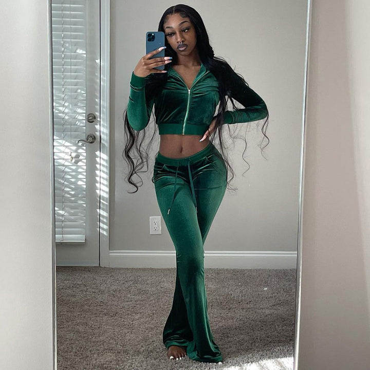 Women's Two-Piece Velvet Lounge Set with Cropped Zipper Hoodie and Flared Palazzo Pants EB