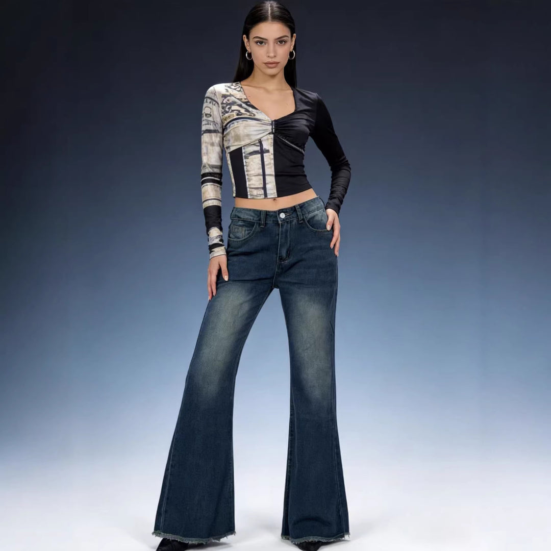 Ladies high-waisted stretch flared jeans with frayed hem and tailored five-pocket cut Mune Fashion