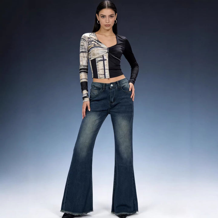 Ladies high-waisted stretch flared jeans with frayed hem and tailored five-pocket cut Mune Fashion
