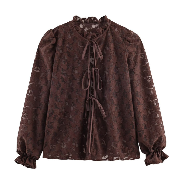 Ladies semi-transparent jacquard lace blouse with standing frill, cord ties and balloon sleeves Mune Fashion