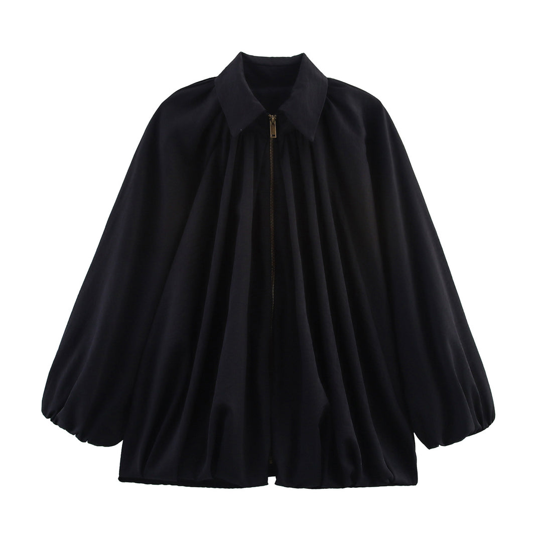 Women's Loose Ruched Blouse Jacket with Zipper and Balloon Sleeves Mune Fashion