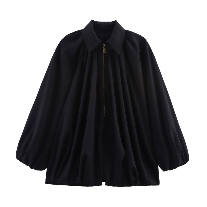 Women's Loose Ruched Blouse Jacket with Zipper and Balloon Sleeves Mune Fashion