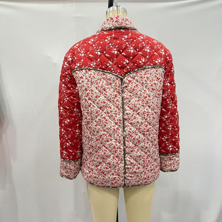 Women's quilted patchprint transitional jacket with shawl collar, decorative piping, and patch pockets Mune Fashion