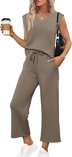Women Casual Two-Piece Lounge Set with Sleeveless V-Neck Top and Wide Drawstring Pants Mune Fashion